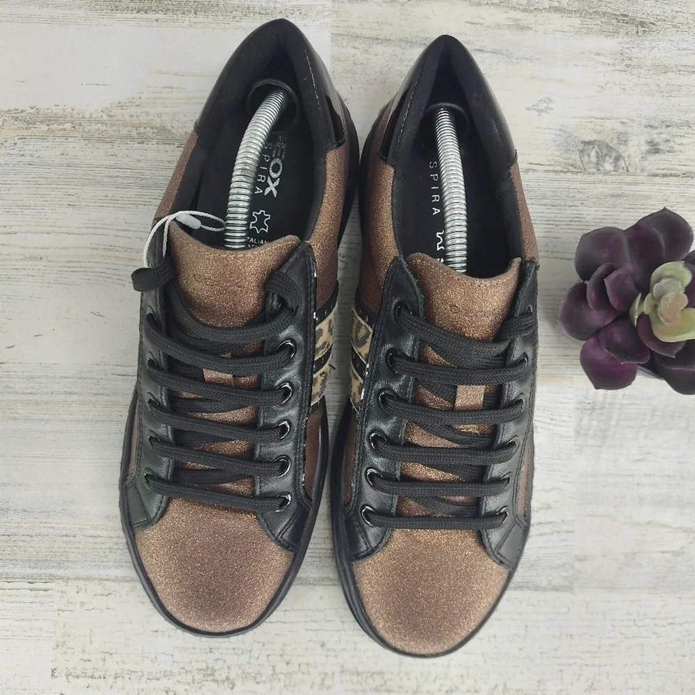 Geox Black Patent Leather Glitter Sneakers Lace Up Size 7 - Picture 2 of 7